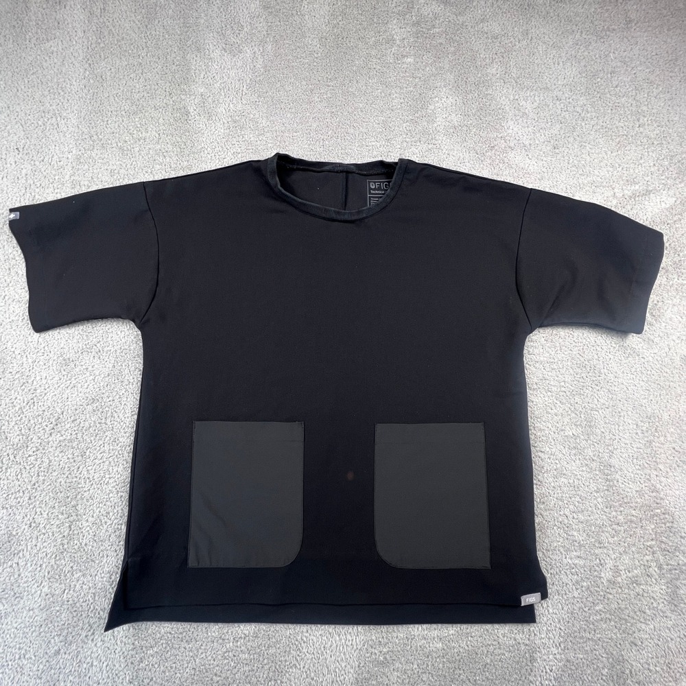 FIGS Technical Scrub Top Womens Medium Black Short Sleeve Utility Pocket Medical
